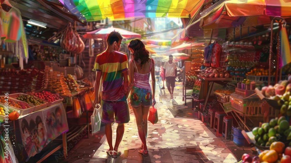 Back view of a couple in a market, holding hands, rainbow flag shirts, walking among numerous stalls, lively and colorful environment, vibrant and bustling setting Back view of a couple in a market, holding hands, rainbow flag shirts, walking among numerous stalls, lively and colorful environment, vibrant and bustling setting