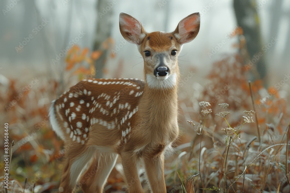 A young spotted deer stands alert in a misty forest environment with its face purposely blurred for privacy A young spotted deer stands alert in a misty forest environment with its face purposely blurred for privacy