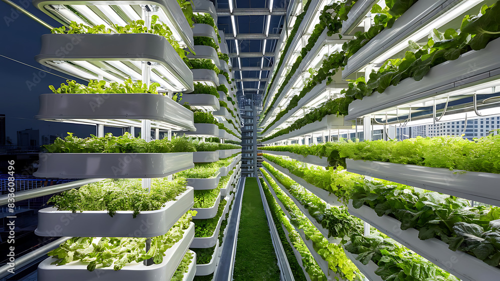 Vertical farm facility, showcasing rows of leafy greens and herbs growing vertically in stacked layers under artificial lighting, sustainable farming practices for urban agriculture food production Vertical farm facility, showcasing rows of leafy greens and herbs growing vertically in stacked layers under artificial lighting, sustainable farming practices for urban agriculture food production