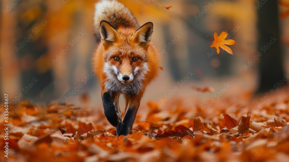 Fototapeta premium Cute red fox walking in autumn forest with orange leaves