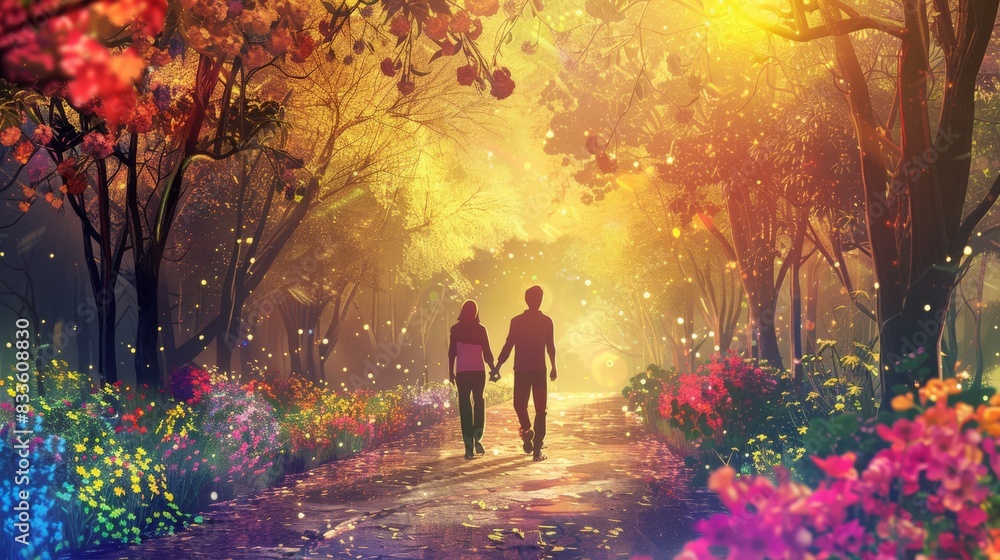 Back view of a couple walking through a park, holding hands, path adorned with flowers, rainbowcolored clothes, sunny spring day, romantic and joyful ambiance, lush scenery
