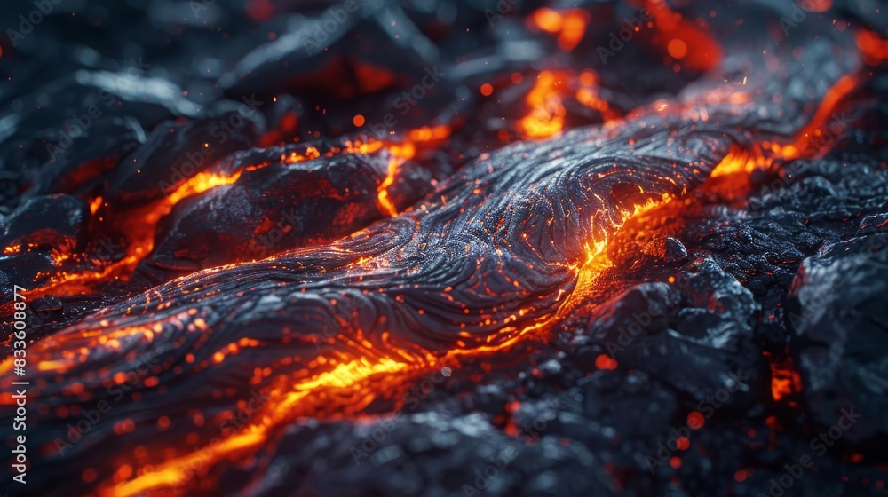 Close-up of glowing lava flowing over dark, rough volcanic rock.