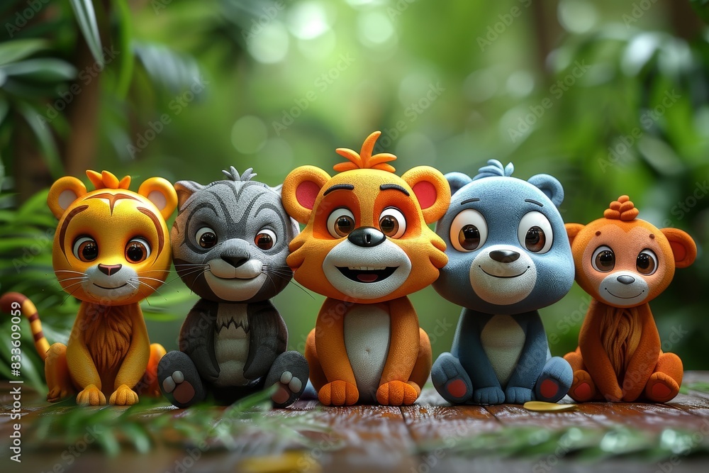A group of friendly looking cartoonish jungle animals are sitting together amidst lush greenery A group of friendly looking cartoonish jungle animals are sitting together amidst lush greenery