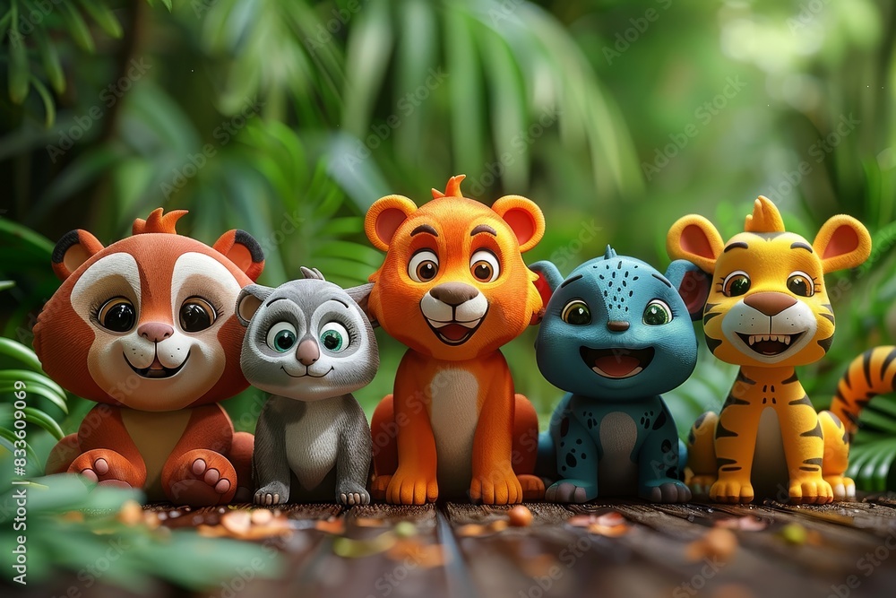 Naklejka premium Colorful and cute animated animal characters lined up in a natural setting, giving a sense of playfulness