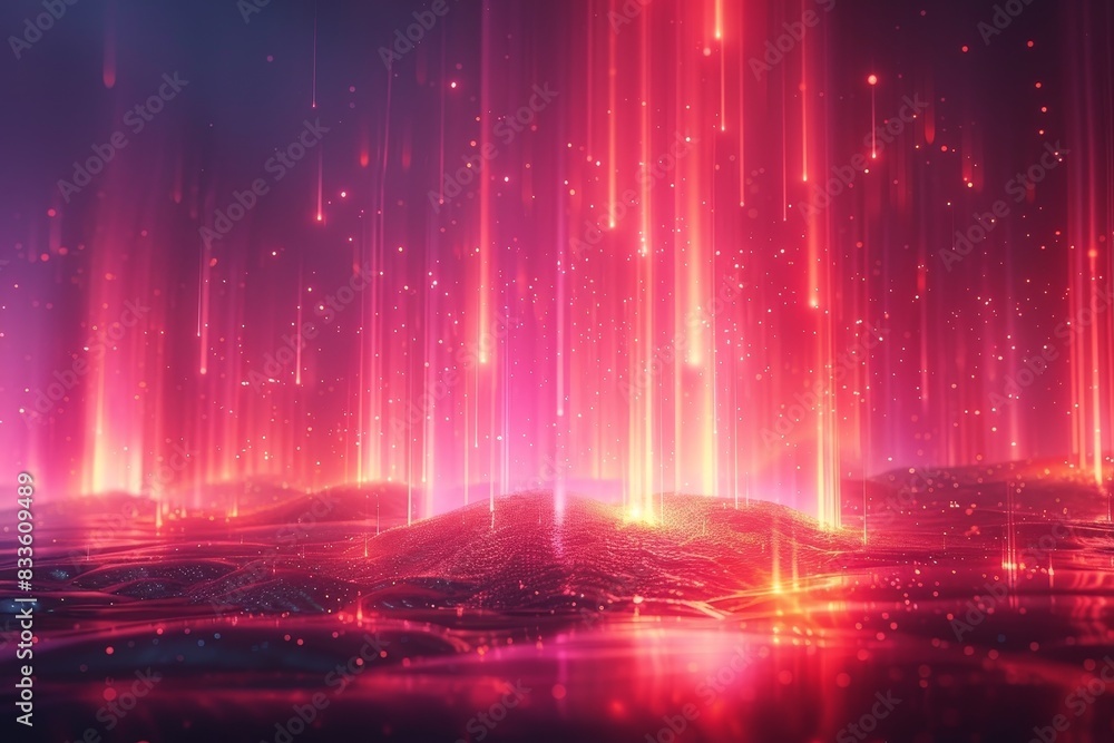 This image captures a colorful scene with vibrant pink lines resembling rain in a futuristic digital landscape