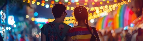 Back view of a couple at a festival, holding hands, Love is Love and rainbow shirts, walking among lights and activities, joyful and energetic scene