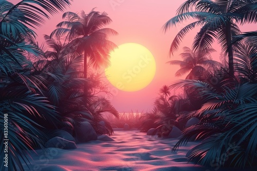 Dreamy tropical scene with a warm sunset glowing through palm trees and sand dunes, creating a peaceful vibe