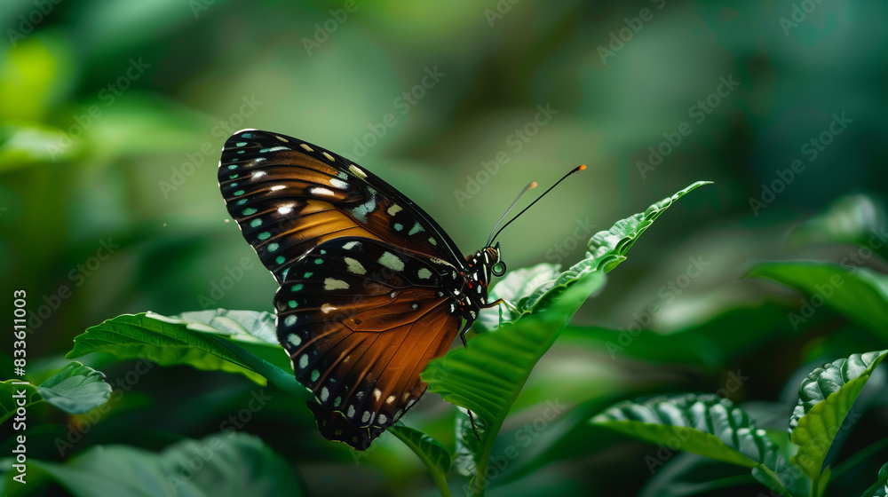 Fragile butterfly resting on a green plant in a serene garden Fragile butterfly resting on a green plant in a serene garden
