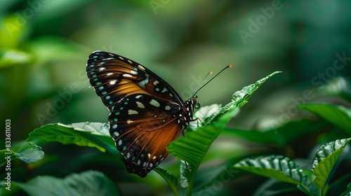 Fragile butterfly resting on a green plant in a serene garden