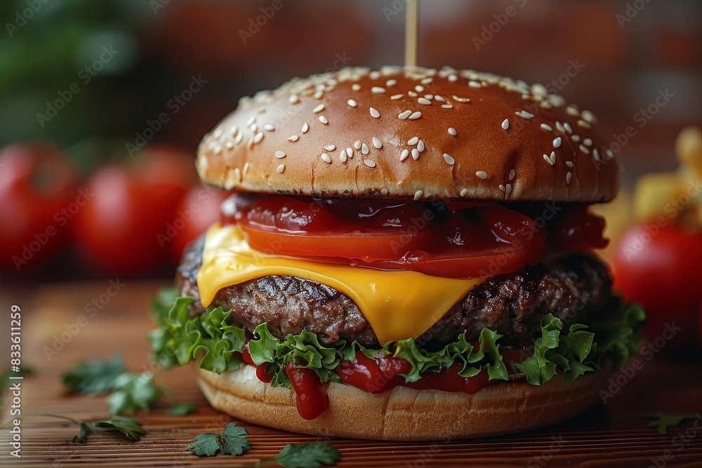 This image features a cheeseburger with focus blurred, showcasing the toppings and a sesame bun This image features a cheeseburger with focus blurred, showcasing the toppings and a sesame bun