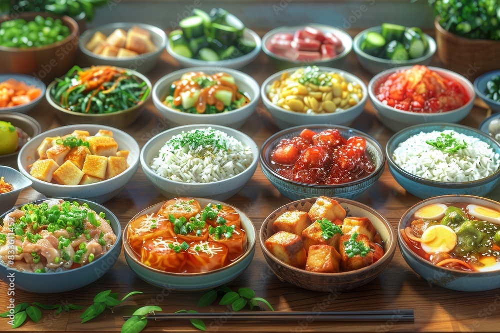 An elaborate spread of varied Korean dishes showcasing the rich culinary tradition of Korea An elaborate spread of varied Korean dishes showcasing the rich culinary tradition of Korea