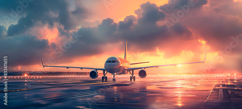 An airplane ready for lift-off under a sunrise spectacle.