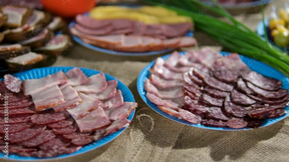 Sausage cut into pieces on plate Sausage cut into pieces on plate