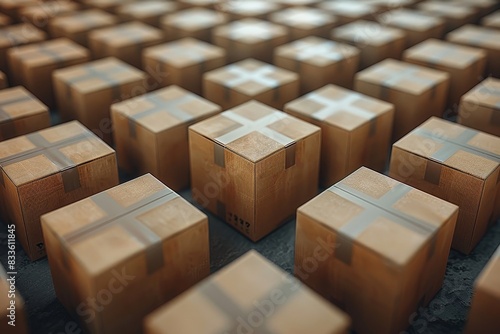 A 3D-rendered image of numerous cardboard packages in a warehouse setting  illustrating organization and storage themes