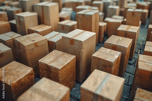 Image shows a warehouse interior filled with neatly arranged rows of cardboard boxes, conveying logistics and distribution concepts