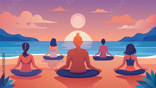 The calm ocean waters provide the perfect mirror for the group of yogis whose reflections stretch out in front of them at a sunset yoga session on the. Vector illustration