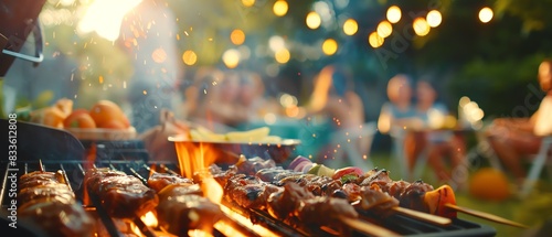 Barbecue party with grill food and outdoor seating on United States Independence Day, close up, summer fun, vibrant, Manipulation, modern home backyard backdrop photo
