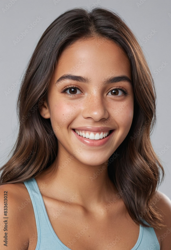 portrait view of a regular happy smiling South Americans girl , ultra realistic, candid, social media, avatar image, plain solid background portrait view of a regular happy smiling South Americans girl , ultra realistic, candid, social media, avatar image, plain solid background