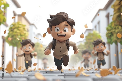 Stylized animated character running on a street, with face artistically blurred, amid falling leaves photo