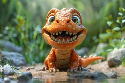 An endearing orange dinosaur toy with a wide smile set against an enchanting forest background photo
