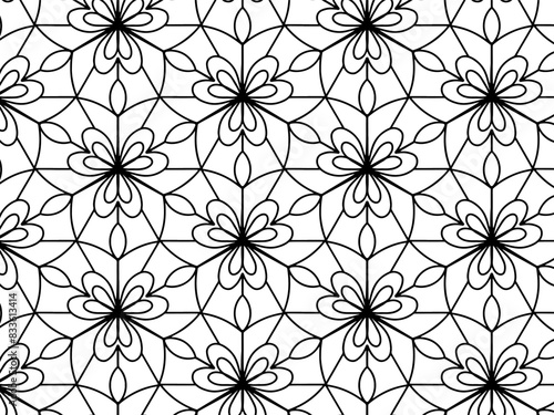 Intricate seamless black and white floral geometric pattern featuring symmetrical flower motifs and delicate lines. Perfect for adult coloring books, textile prints, wallpapers, and various design