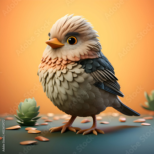 Cute bird on a background of leaves. 3D rendering.