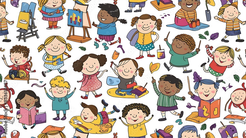 Colorful funny children doodle icon seamless pattern. Cute happy kid drawing Colorful funny children doodle icon seamless pattern. Cute happy kid drawing