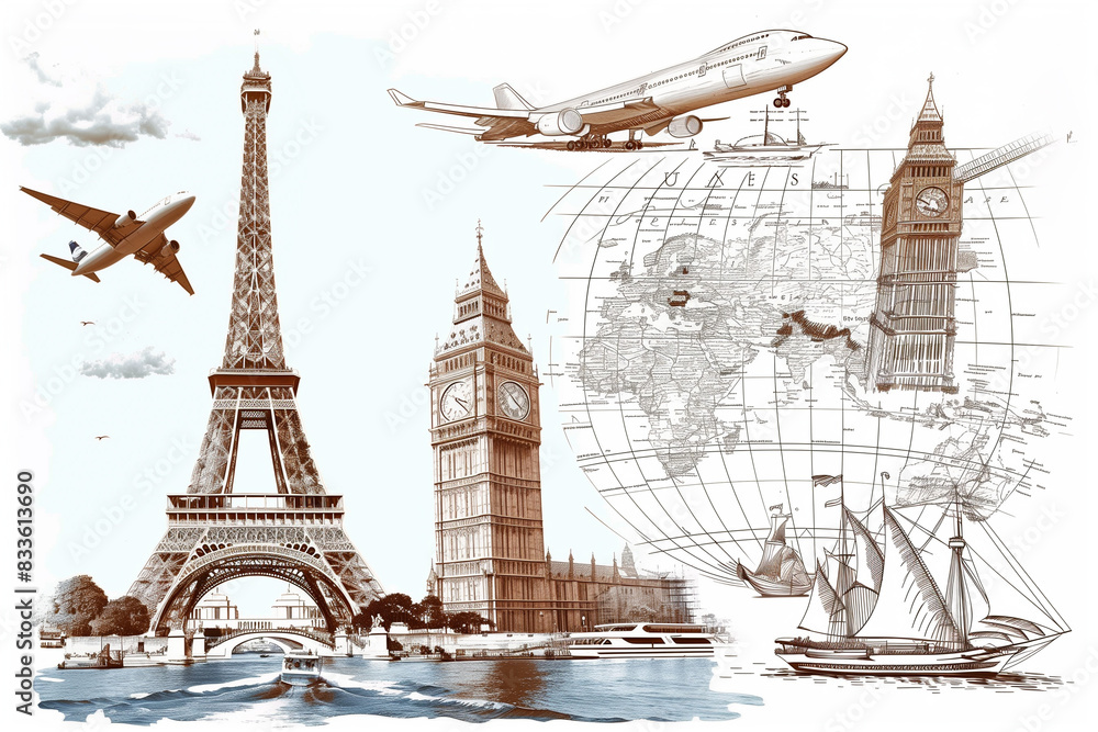 Fototapeta premium A drawing of an airplane flying over the Eiffel Tower, the Big Ben clock tower, and a ship