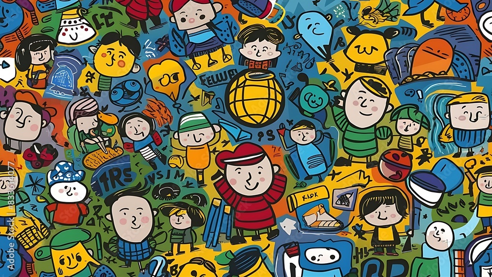 Obraz premium Colorful funny children doodle icon seamless pattern. Cute happy kid drawing