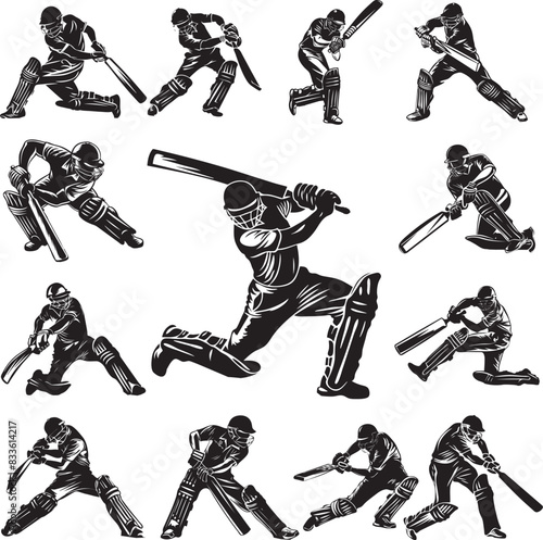vector illustration of cricketer isolated on white, sports silhouette, batsman styles