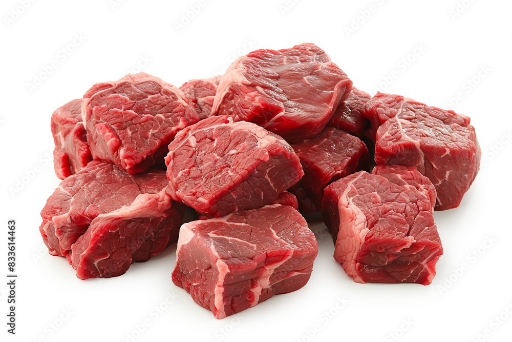 Pile of beef cubes isolated on white.. Pile of beef cubes isolated on white..