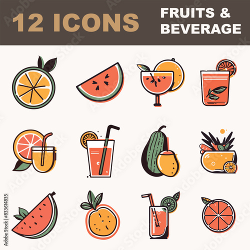 Set of minimalist line icons, summer fruits and coctails.