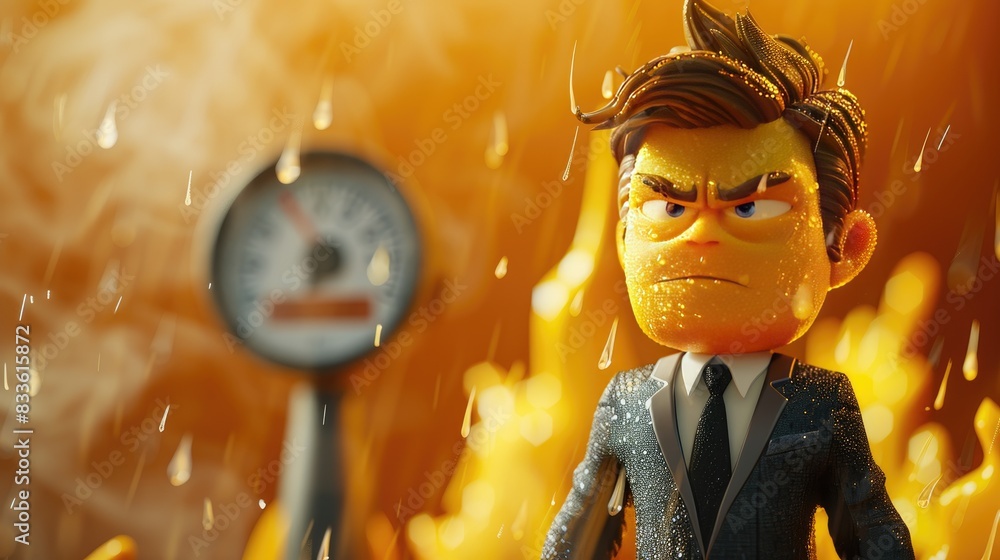 3D character wearing a suit and tie, sweating profusely while standing ...
