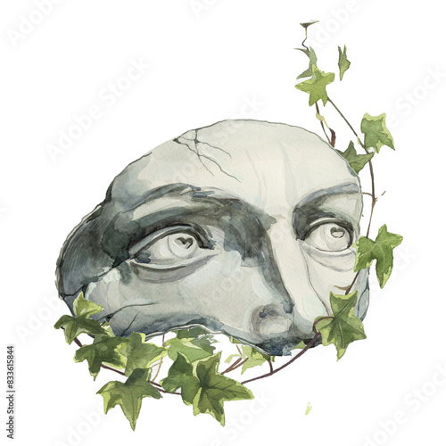 Statue of a woman's eyes and ivy isolated on white. Watercolor ancient scupture artwork photo
