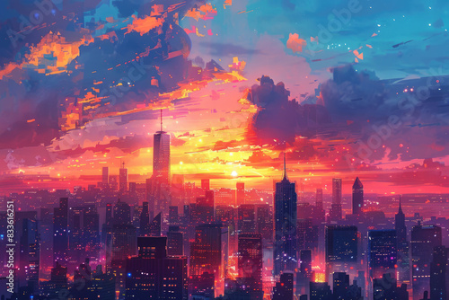 A vibrant city skyline at sunset with colorful skies