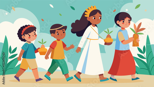 The childrens gentle footsteps create a rhythmic beat as they walk down the aisle adding to the joyful ambiance of the Palm Sunday celebration.. Vector illustration