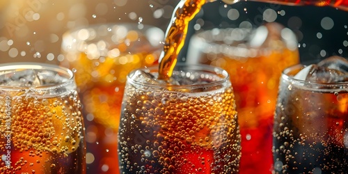 Closeup of cola being poured into glass with ice capturing fizzing bubbles. Concept Close-up Photography, Product Photography, Fizzy Beverage, Refreshing Drinks, Glassware Shots