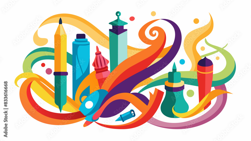 The colorful array of calligraphy pens ink and paper providing a visual feast for the participants.. Vector illustration The colorful array of calligraphy pens ink and paper providing a visual feast for the participants.. Vector illustration