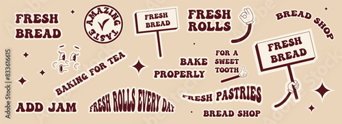 A set of stickers for the bakery. Pastries, bakery, fresh bread, rolls.