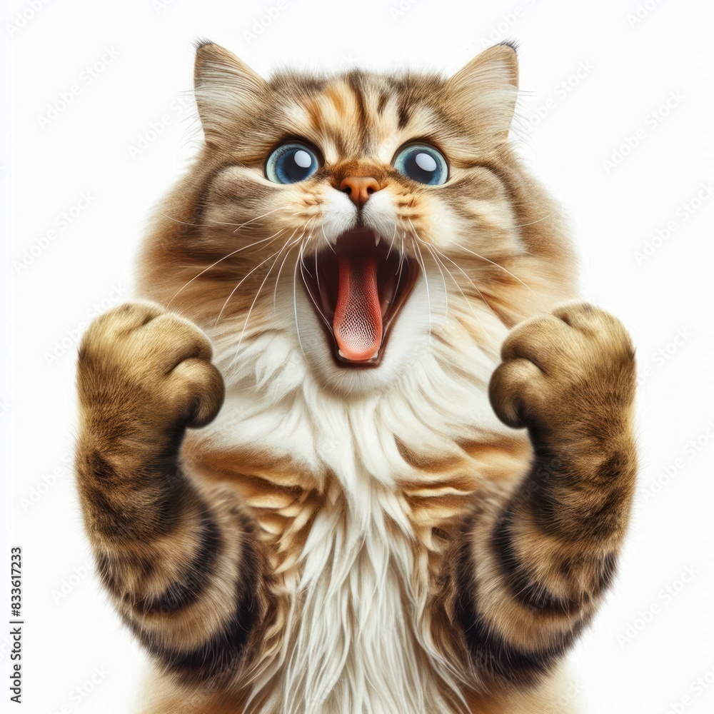 Fototapeta premium funny cat with fists raised in triumph, mouth wide open Isolated on white background
