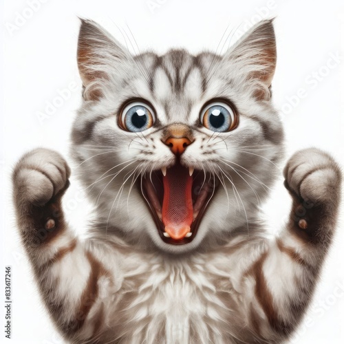 funny cat with fists raised in triumph, mouth wide open Isolated on white background