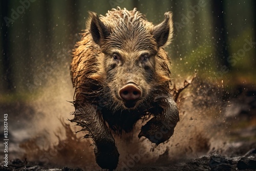 Dynamic image of a mud-splattered wild boar running through a forest © juliars