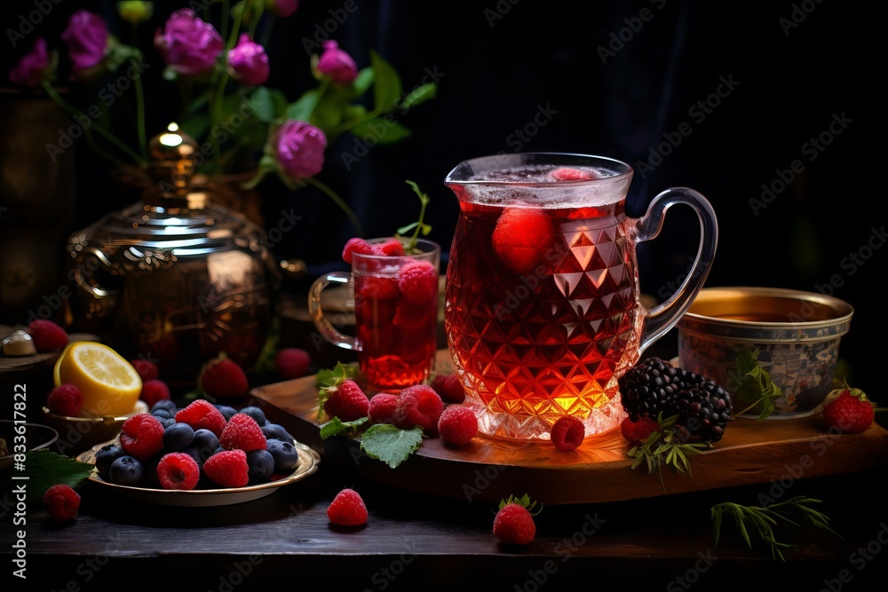 Elegant glass pitcher of herbal tea surrounded by fresh berries and vintage teaware in moody lighting Elegant glass pitcher of herbal tea surrounded by fresh berries and vintage teaware in moody lighting