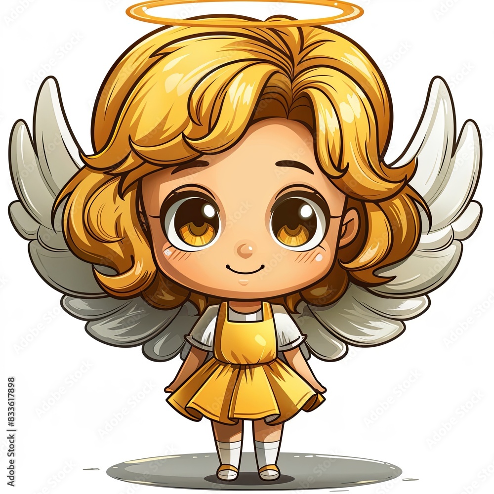 Little golden angel girl with blonde wavy bob hairstyle and yellow dress and little cute white feather wings is sitting on the floor with knees facing each other, isolated on white background. Little golden angel girl with blonde wavy bob hairstyle and yellow dress and little cute white feather wings is sitting on the floor with knees facing each other, isolated on white background.