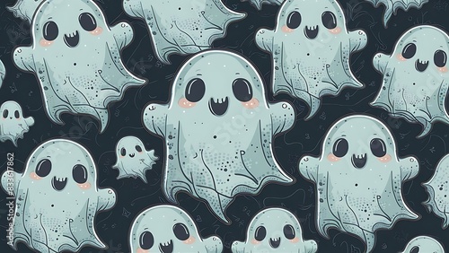 Halloween ghosts seamless texture, tiling pattern, cute kawaii, dark background wallpaper