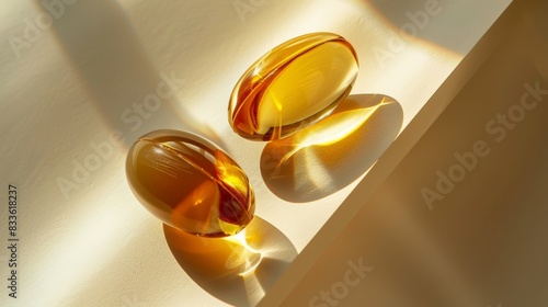 Two softgel capsules on an dual-toned background. Fish oil pill, omega 3, oval oil capsule softgels. AI generated 