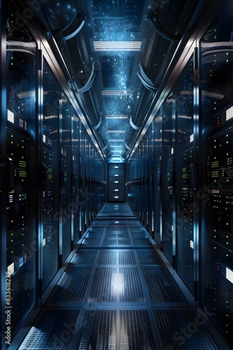 Futuristic Sci-Fi Data Center Server Room With Glowing Lights photo