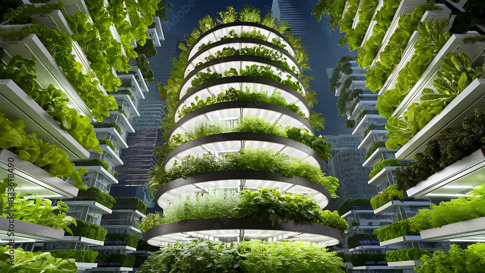 Vertical farm facility, showcasing rows of leafy greens and herbs growing vertically in stacked layers under artificial lighting, sustainable farming practices for urban agriculture food production Vertical farm facility, showcasing rows of leafy greens and herbs growing vertically in stacked layers under artificial lighting, sustainable farming practices for urban agriculture food production