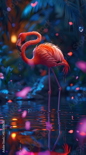 Captivating Flamingo Reflection in Vibrant Tropical Pond