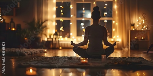 Individual meditating in yoga pose at home under soothing light. Concept Yoga at Home, Mental Health, Relaxation, Self-Care, Mindfulness